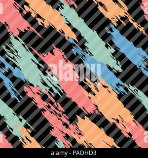 Vektor nahtlose Muster der farbenfrohe abstrakte Formen auf dunklen diagonal gestreiften Hintergrund, Textil Grafik, eps 10 Abbildung Stock Vektor