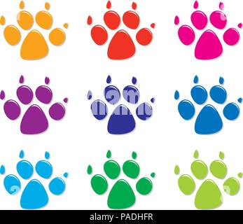 Vektor einrichten Der bunte Hund Fuß Drucke, flacher Stil. auf weißem Hintergrund Stock Vektor