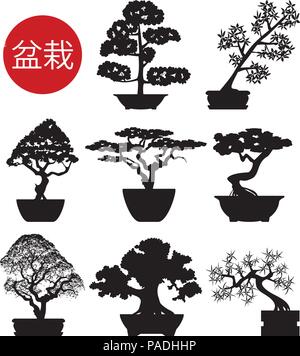 Vektor einrichten der schwarzen und weißen Bonsai Bäume in Töpfen, Hintergrund Silhouetten Stock Vektor