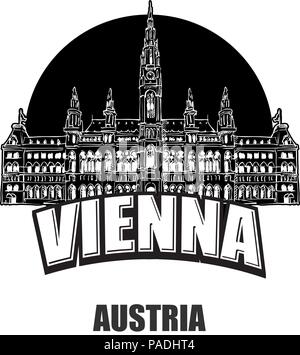 Wien, Österreich, schwarz-weiss Logo für hochwertige Ausdrucke. Hand gezeichnet Vektor Skizze. Stock Vektor