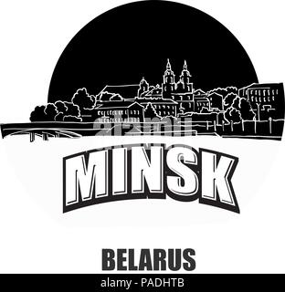 Minsk, Weißrussland, schwarz-weiss Logo für hochwertige Ausdrucke. Hand gezeichnet Vektor Skizze. Stock Vektor