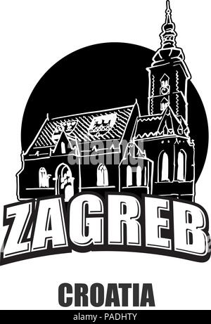 Zagreb, Kroatien, und Schwarz-weiss Logo für hochwertige Ausdrucke. Hand gezeichnet Vektor Skizze. Stock Vektor