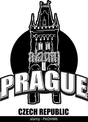 Prag, Tschechische Republik, schwarz-weiss Logo für hochwertige Ausdrucke. Hand gezeichnet Vektor Skizze. Stock Vektor