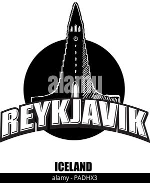 Reykjavik, Kirche, schwarz-weiss Logo für hochwertige Ausdrucke. Hand gezeichnet Vektor Skizze. Stock Vektor