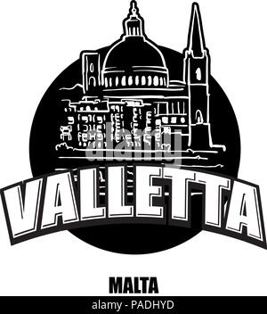 Valetta, Malta, schwarz-weiss Logo für hochwertige Ausdrucke. Hand gezeichnet Vektor Skizze. Stock Vektor