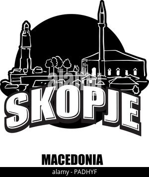 Skopje, Mazedonien, schwarz-weiss Logo für hochwertige Ausdrucke. Hand gezeichnet Vektor Skizze. Stock Vektor