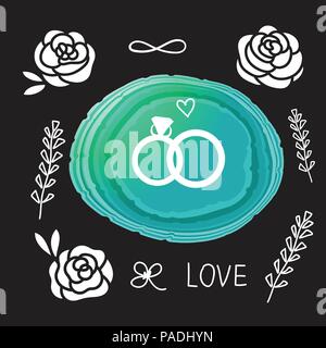 Ringe Hochzeit Karte. Vector Illustration hellen Stein handelt es sich um eine flache Scheibe. Stock Vektor