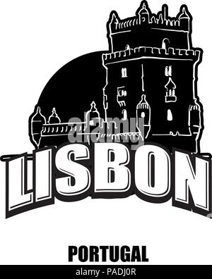 Lissabon, Tower, schwarz-weiss Logo für hochwertige Ausdrucke. Hand gezeichnet Vektor Skizze. Stock Vektor