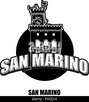 San Marino Schloss schwarz-weiss Logo für hochwertige Ausdrucke. Hand gezeichnet Vektor Skizze. Stock Vektor