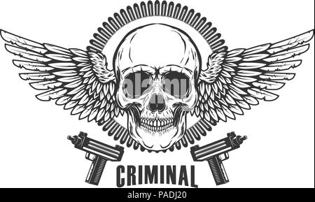 Winged Skull mit Pistolen. Design Element für Logo, Label, Emblem, Zeichen, t shirt. Vector Illustration Stock Vektor