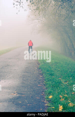 Person auf einem Fahrrad in eine herbstliche Morgen mit Nebel Stockfoto