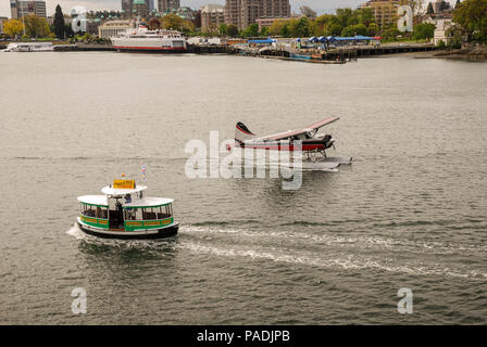 Ein kleines Wasserflugzeug Rollen eine kleine Wassertaxi im ruhigen Wasser des Hafens in Victoria auf Vancouver Island Stockfoto