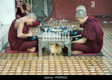 Mönche beim Mittagessen in Kalaywa Tawya Kloster in Yangon. Februar 23, 2014 - Yangon, Myanmar Stockfoto