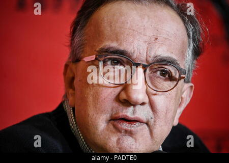 Mailand, Italien - Januar 2016: Sergio Marchionne, Chief Executive Officer von FCA spricht während einer Pressekonferenz von Ferrari Stockfoto