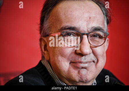 Mailand, Italien - Januar 2016: Sergio Marchionne, Chief Executive Officer von FCA spricht während einer Pressekonferenz von Ferrari Stockfoto