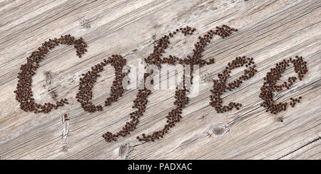 Kaffeebohnen auf weißem Hintergrund in Form von Wort "Kaffee". 3D-Darstellung Stockfoto