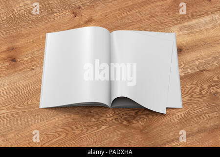 Leeres Magazin Seiten mit glänzendem Papier auf Holz- Hintergrund. 3D-Darstellung Stockfoto