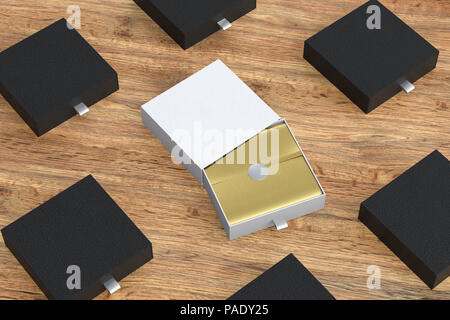 Leere eröffnet White Box und schwarze Schublade Boxen mit Geschenkverpackung Folie auf Holz- Hintergrund. 3D-Darstellung. Stockfoto