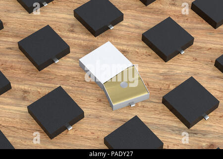 Leere eröffnet White Box und schwarze Schublade Boxen mit Geschenkverpackung Folie auf Holz- Hintergrund. 3D-Darstellung. Stockfoto