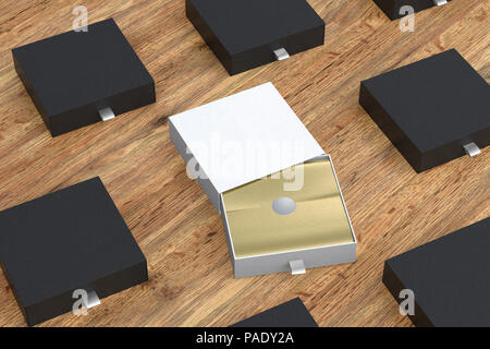 Leere eröffnet White Box und schwarze Schublade Boxen mit Geschenkverpackung Folie auf Holz- Hintergrund. 3D-Darstellung. Stockfoto