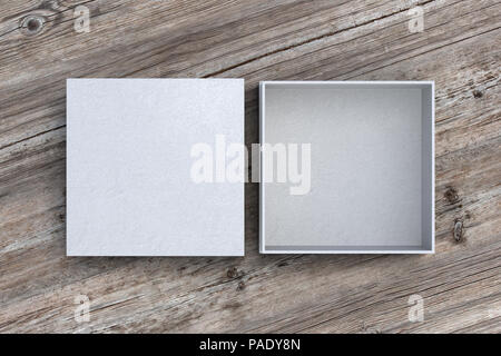 Zwei weiße quadratische Kästchen geöffnet und geschlossen auf Holz Hintergrund. 3D-Darstellung Stockfoto