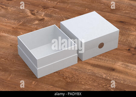 Zwei weiße quadratische Kästchen geöffnet und geschlossen auf Holz Hintergrund. 3D-Darstellung Stockfoto