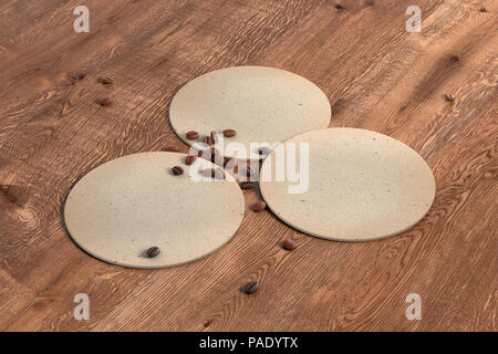 Drei runde vintage Achterbahnen und Kaffeebohnen auf Holz Hintergrund. 3D-Darstellung Stockfoto