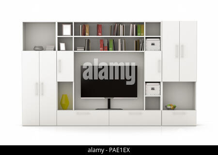 Weißer Kleiderschrank mit TV-Bildschirm, Büchern, Schachteln isoliert auf weiß Stockfoto