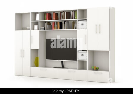 Weißer Kleiderschrank mit TV-Bildschirm, Büchern, Schachteln isoliert auf weiß Stockfoto