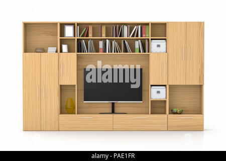 Kleiderschrank aus Holz mit TV-Bildschirm, Büchern, Schachteln isoliert auf weiß Stockfoto