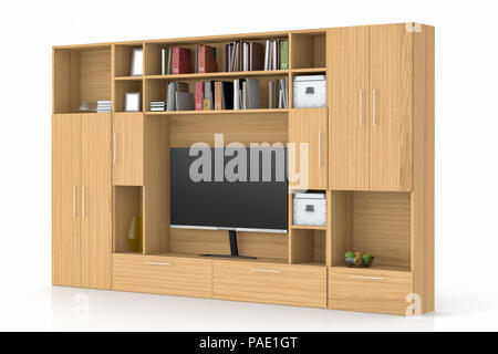 Holz Schrank Schrank mit TV, Bücher, Kartons, isoliert auf Weiss. 3D-Darstellung Stockfoto