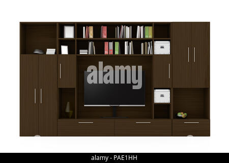 Dunkelbrauner Kleiderschrank mit TV-Bildschirm, Büchern, Schachteln isoliert auf weiß Stockfoto