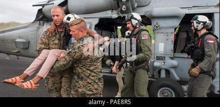 DOMINICA (Sept. 27, 2017) Segler, die dem zugeordnet Amphibisches Schiff USS Wasp (LHD1) und U.S. Marines zugeordnet Special Purpose Marine Air Ground Task Force - Southern Command (SP MAGTAF-SC) bieten eine Beihilfe für ein umsiedler als Teil der ersten Antwort Bemühungen um Dominica in den Hurrikan Maria. Umsiedler werden auf Flughäfen für die Übertragung auf den Inseln Martinique und Guadeloupe transportiert. Das Verteidigungsministerium ist die Unterstützung der US-Behörde für Internationale Entwicklung (USAID), die Leitung der Föderalen Agentur, dabei helfen, die Betroffenen durch den Hurrikan Maria Suff zu minimieren. Stockfoto