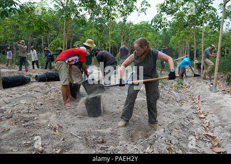 US Army Staff Sgt Samantha Brenneman, Defense POW/MIA Accounting Agentur (DPAA) erweiterte Wiederherstellung Unteroffizier, gräbt mit den örtlichen Arbeitnehmern bei einer Ausgrabung Website Tay Ninh Provinz, Vietnam, 17. März 2016. Brenneman ist Spezialist Leichenhalle Angelegenheiten zugewiesen, die 2. Brigade Brigade Unterstützungsbataillon, 2nd Stryker Brigade Combat Team, 2. US-Infanteriedivision stationiert am Joint Base Lewis-McChord, Wash Sie ist Teil eines spezialisierten Teams bereitgestellt durch DPAA auf der Suche nach zwei Service-Mitglieder im Jahr 1967 bei einem Flugzeugabsturz l-19 verloren. Die DPAA Mission besteht darin, die Zügen mögliche Buchhaltung Stockfoto