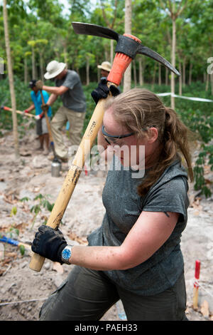U.S. Army Staff Sgt. Samantha Brenneman, Verteidigung POW/MIA Accounting Agentur (DPAA) augmented Recovery noncommissioned Officer, übt einen pickel an einer Ausgrabungsstätte Tay Ninh Provinz, Vietnam, Jan. 17, 2016. Brenneman ist einer Leichenhalle Angelegenheiten Spezialisten der 2. Brigade Support Brigade Bataillon zugeordnet, 2 Stryker Brigade Combat Team, 2 Infanterie Division bei Joint Base Lewis-McChord, Washington stationiert, sie ist ein Teil von einem spezialisierten Team von DPAA auf der Suche nach zwei Service Mitglieder in einer L-19 Flugzeugabsturz im Jahre 1967 verloren im Einsatz. Die DPAA Mission ist die möglichst vollständige Buchhaltung für unsere zur Verfügung zu stellen Stockfoto