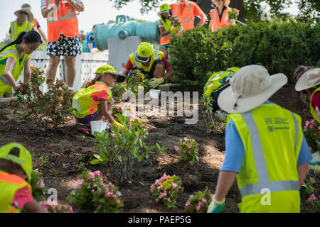 Kinder Freiwillige aus dem Nationalen Verband der Landschaft Professionals (Nalp) Pflanze Blumen in Abschnitt 46 der Arlington National Cemetery, Arlington, Virginia, 16. Juli 2018. Über 400 freiwillige Landschaft Profis in 22. jährliche Erneuerung des NALP teilgenommen und Erinnerung Veranstaltung auf dem Arlington National Cemetery. Freiwillige kohlensäurehaltiges Rasen, Blumen gepflanzt, Bewässerung Rohre, und installierte Beleuchtung Schutz auf mehreren Bäumen. (U.S. Armee Foto von Elizabeth Fraser/Arlington National Cemetery/freigegeben) Stockfoto