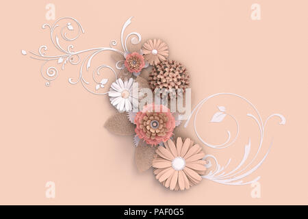 Papier Blumen auf rosa Hintergrund schneiden. 3D-Darstellung Stockfoto