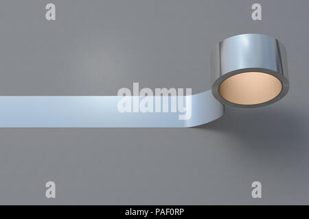 Silber Klebeband Rolle auf grauem Hintergrund. 3D-Darstellung. Stockfoto