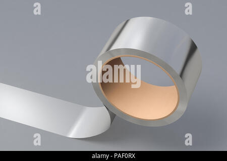 Silber Klebeband Rolle auf grauem Hintergrund. 3D-Darstellung. Stockfoto