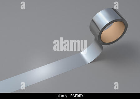 Silber Klebeband Rolle auf grauem Hintergrund. 3D-Darstellung. Stockfoto
