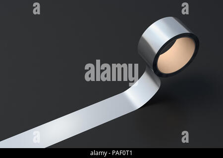 Silber Klebeband Rollen auf schwarzem Hintergrund. 3D-Darstellung. Stockfoto