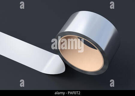 Silber Klebeband Rollen auf schwarzem Hintergrund. 3D-Darstellung. Stockfoto