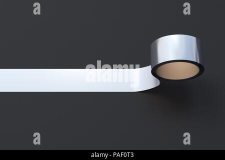 Silber Klebeband Rollen auf schwarzem Hintergrund. 3D-Darstellung. Stockfoto