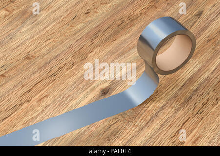 Silber Klebeband Rolle auf Holz- Hintergrund. 3D-Darstellung. Stockfoto