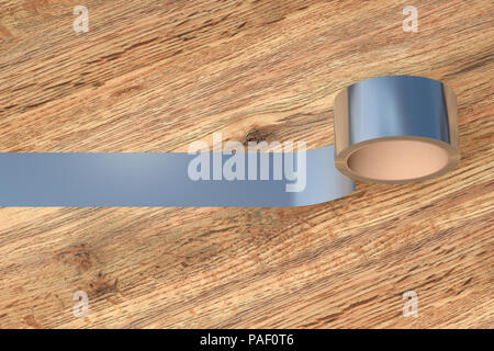 Silber Klebeband Rolle auf Holz- Hintergrund. 3D-Darstellung. Stockfoto