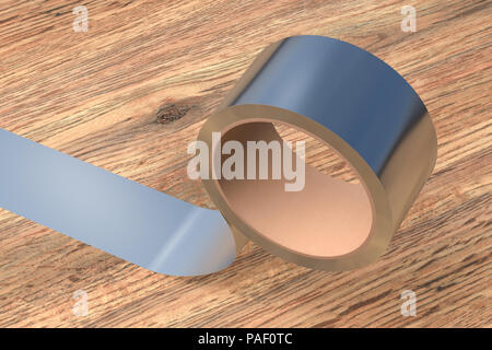 Silber Klebeband Rolle auf Holz- Hintergrund. 3D-Darstellung. Stockfoto