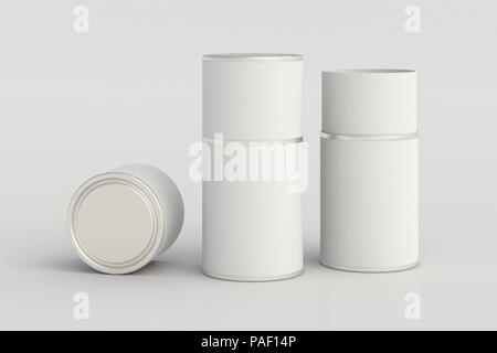 Leere geöffnet und geschlossen weiße Tube Blechdose Verpackung auf weißem Hintergrund. 3D-Darstellung Stockfoto