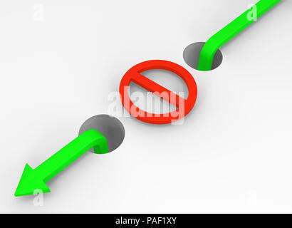 Pfeil symbol off limits Einschränkung Schlupfloch Bypass, 3D-Darstellung, horizontal, über Weiß Stockfoto