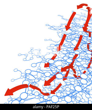 Kreise, die durch Linien Anschlusstechnik Pfeile bewegen, über Weiß, isoliert, horizontal 3D-Illustration verbunden Stockfoto