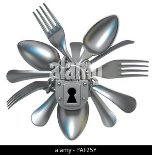 Gabel und Löffel besteck Kette gesichert, 3D-Darstellung, horizontal, isoliert, über Weiß Stockfoto